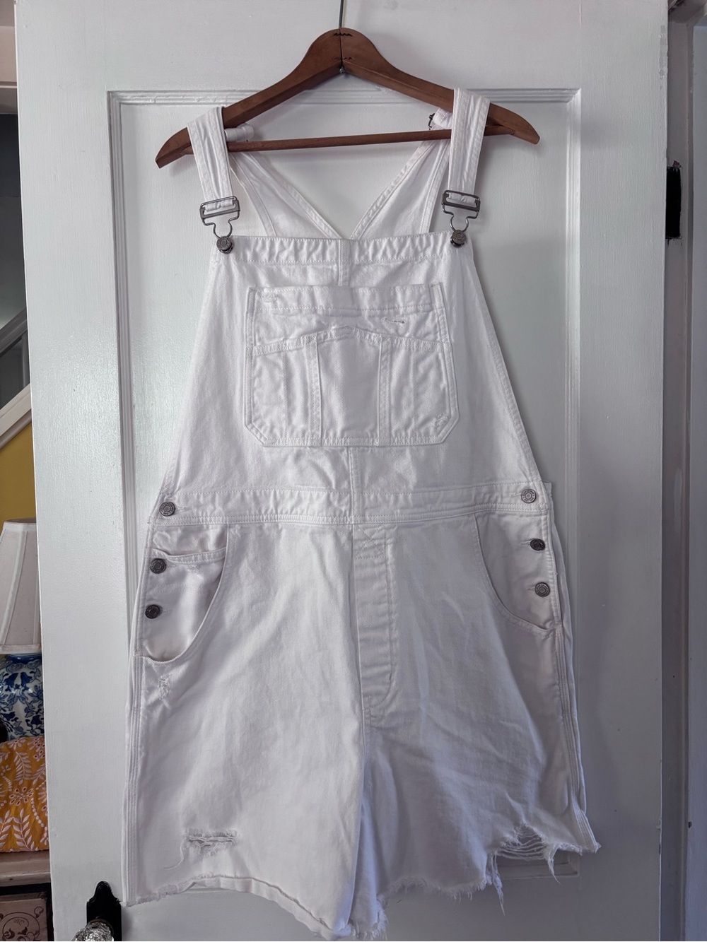 GAP White Distressed Denim Short Overalls with Bib